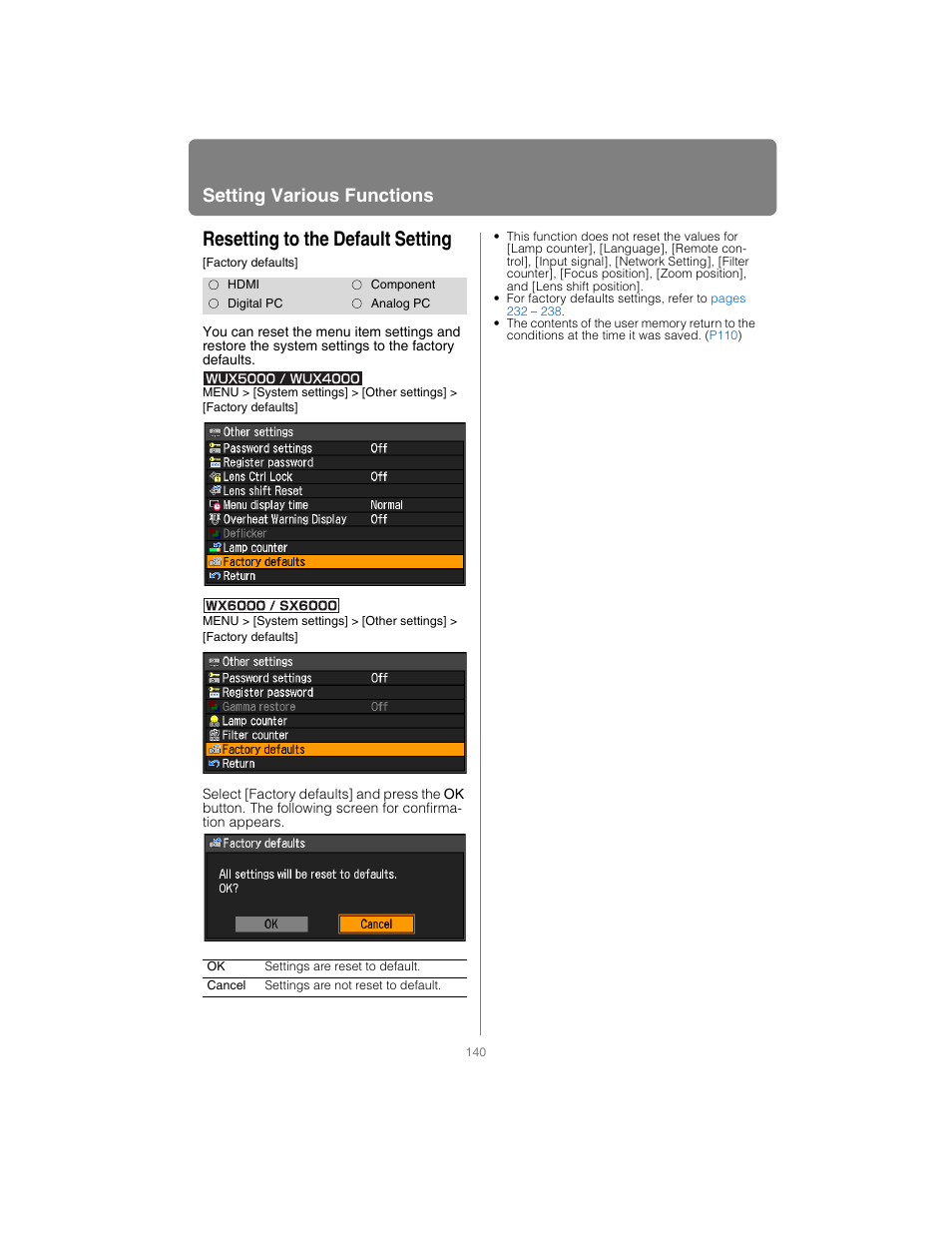 Resetting to the default setting, P140, Setting various functions | Canon XEED SX6000 User Manual | Page 140 / 240