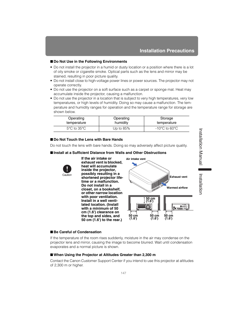 Installation precautions | Canon XEED SX6000 User Manual | Page 147 / 240