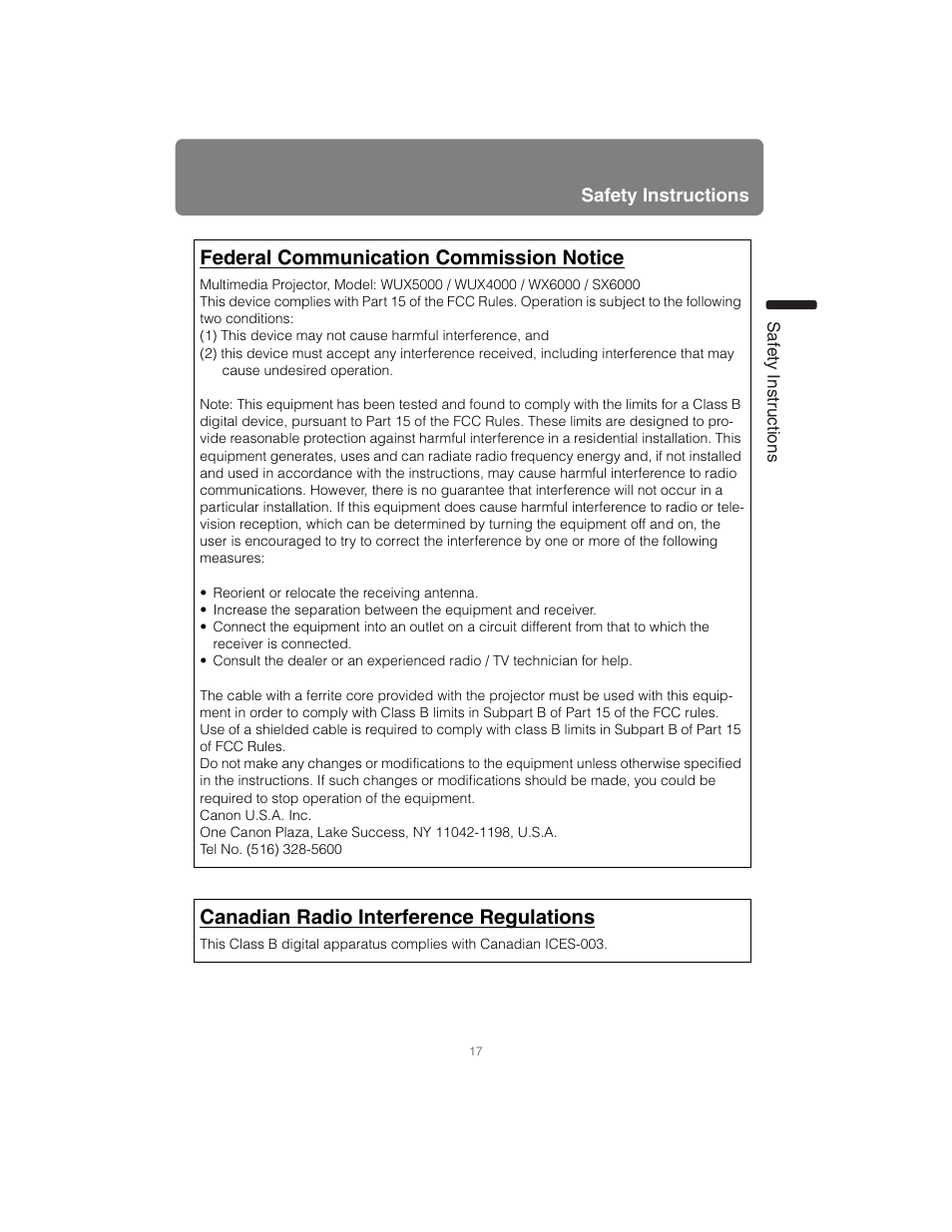 Federal communication commission notice, Canadian radio interference regulations | Canon XEED SX6000 User Manual | Page 17 / 240