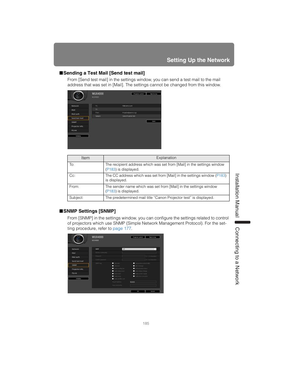 Sending a test mail [send test mail, Snmp settings [snmp, Setting up the network | Installation manual connecting to a networ k | Canon XEED SX6000 User Manual | Page 185 / 240