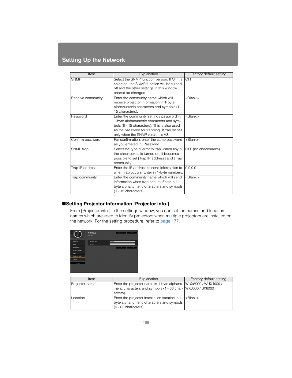 Setting projector information [projector info, Setting up the network | Canon XEED SX6000 User Manual | Page 186 / 240