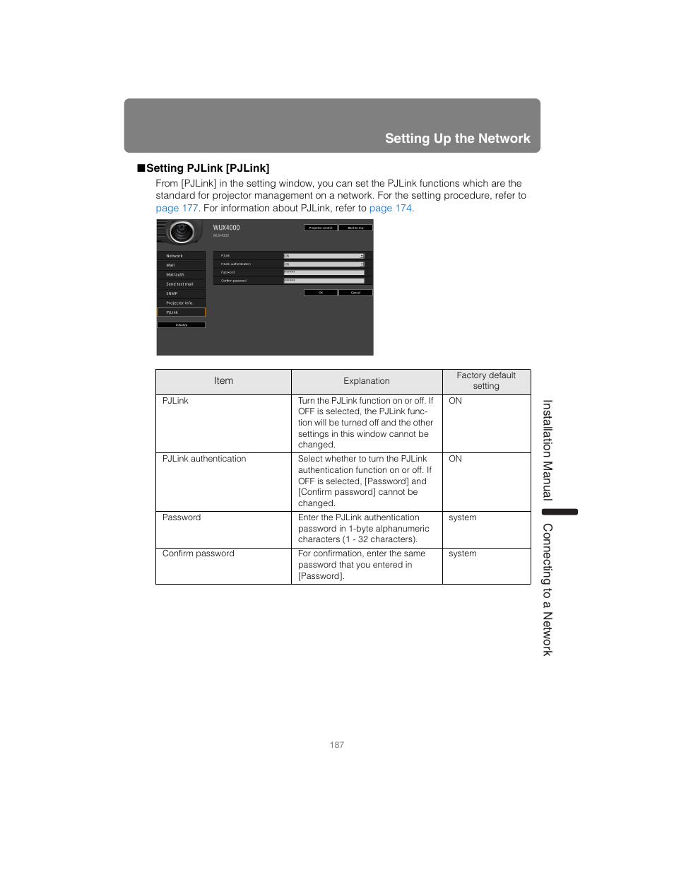 Setting pjlink [pjlink, Setting up the network, Installation manual connecting to a networ k | Canon XEED SX6000 User Manual | Page 187 / 240