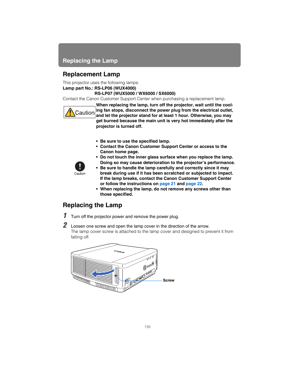 Replacement lamp, Replacing the lamp, Replacement lamp replacing the lamp | Canon XEED SX6000 User Manual | Page 196 / 240
