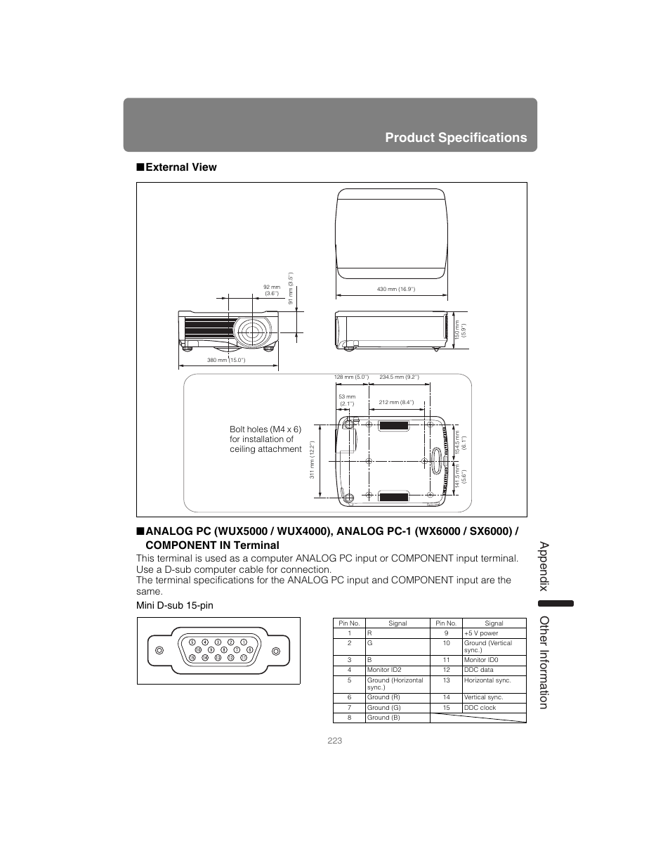 External view, Product specifications, App endix other information | Canon XEED SX6000 User Manual | Page 223 / 240