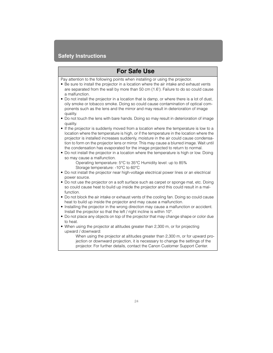 For safe use, Safety instructions | Canon XEED SX6000 User Manual | Page 24 / 240