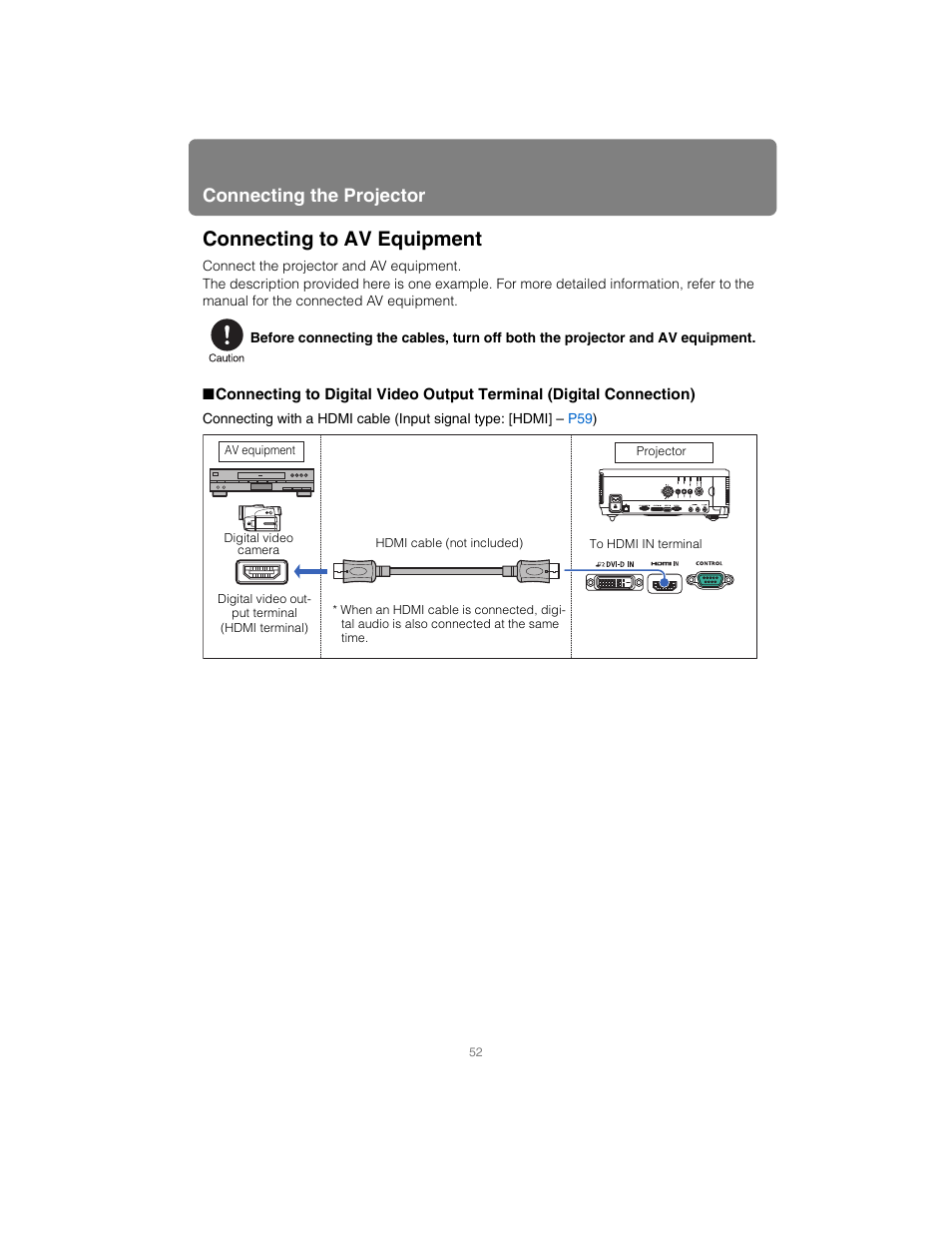 Connecting to av equipment, Connecting the projector | Canon XEED SX6000 User Manual | Page 52 / 240