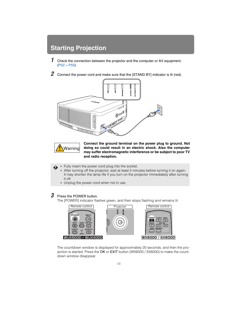 Starting projection, Power button, Ojection | Canon XEED SX6000 User Manual | Page 56 / 240