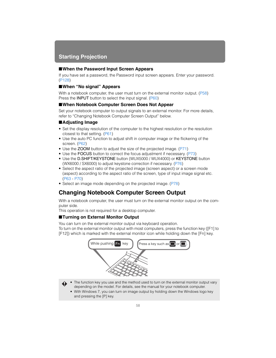When the password input screen appears, When “no signal” appears, When notebook computer screen does not appear | Adjusting image, Changing notebook computer screen output, Turning on external monitor output, Starting projection | Canon XEED SX6000 User Manual | Page 58 / 240