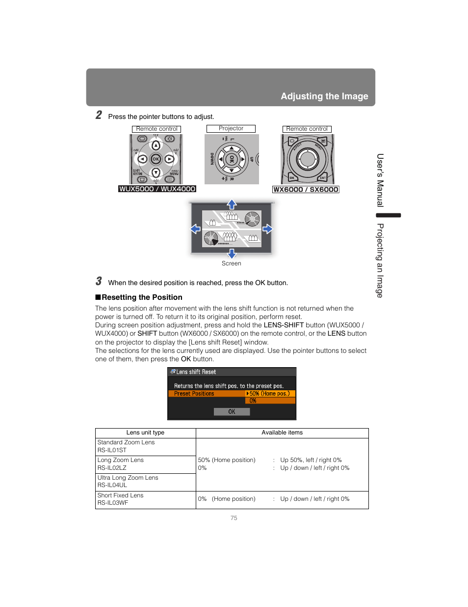 Resetting the position, Adjusting the image | Canon XEED SX6000 User Manual | Page 75 / 240