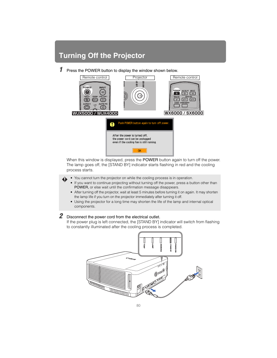 Turning off the projector | Canon XEED SX6000 User Manual | Page 80 / 240