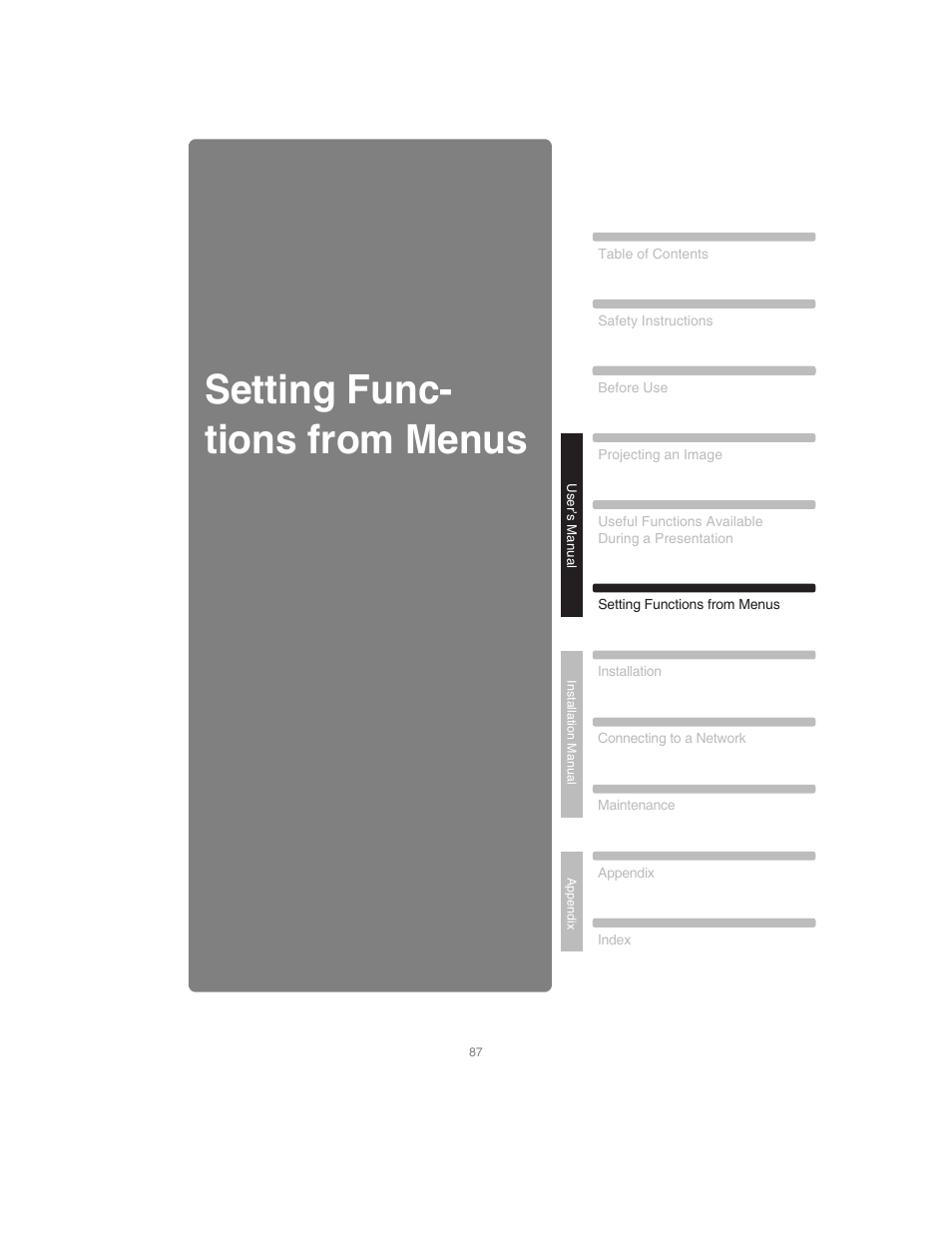 Setting functions from menus, Setting func- tions from menus | Canon XEED SX6000 User Manual | Page 87 / 240