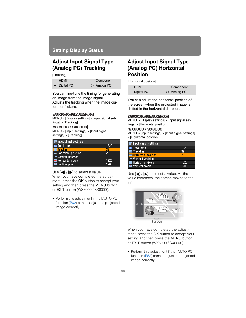 Adjust input signal type (analog pc) tracking, Setting display status | Canon XEED SX6000 User Manual | Page 96 / 240