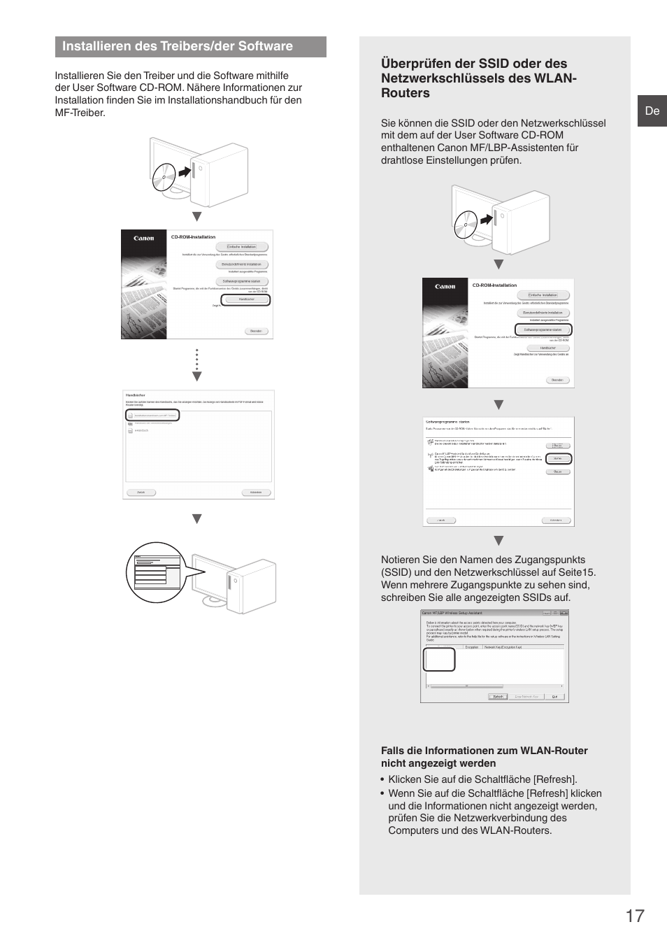 Installieren des treibers/der, Software, Ahtlose einstellungen" ("überprüfen der | Ssid oder des netzwerkschlüssels des wlan-routers, Installieren des treibers/der software | Canon i-SENSYS MF8550Cdn User Manual | Page 17 / 120