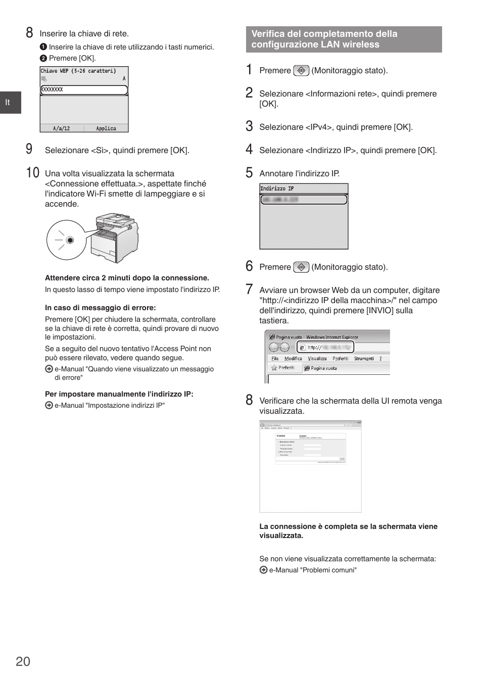 Verifica del completamento della, Configurazione lan wireless, Wireless" (p | Canon i-SENSYS MF8550Cdn User Manual | Page 20 / 120