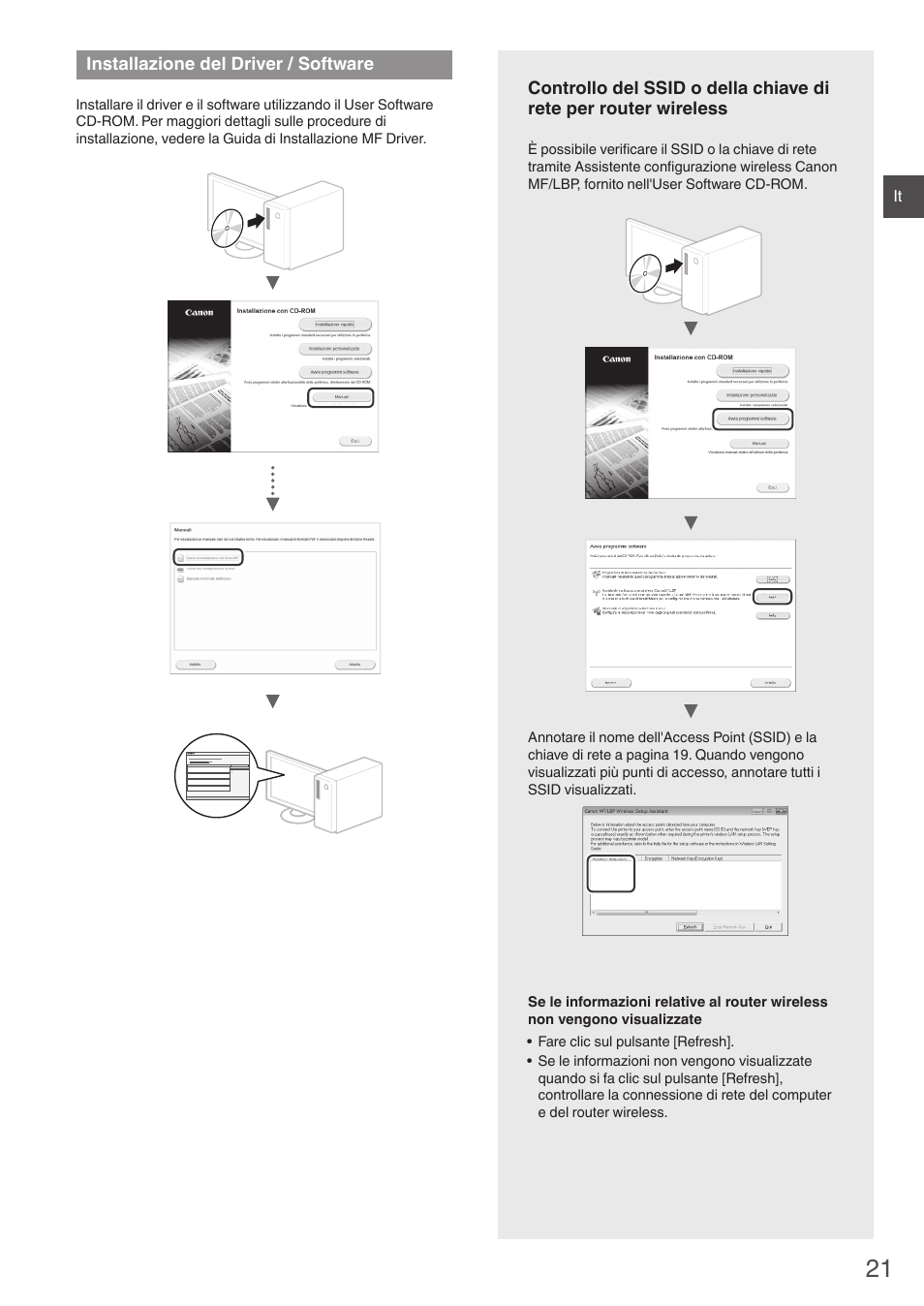 Installazione, Del driver / software, Per router wireless" (p | Installazione del driver / software | Canon i-SENSYS MF8550Cdn User Manual | Page 21 / 120