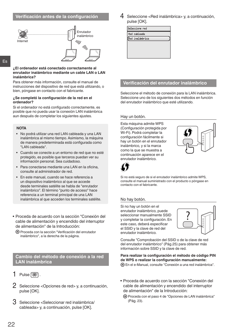 Verificación antes de la, Configuración cambio del método de conexión, Inalámbrico | Canon i-SENSYS MF8550Cdn User Manual | Page 22 / 120