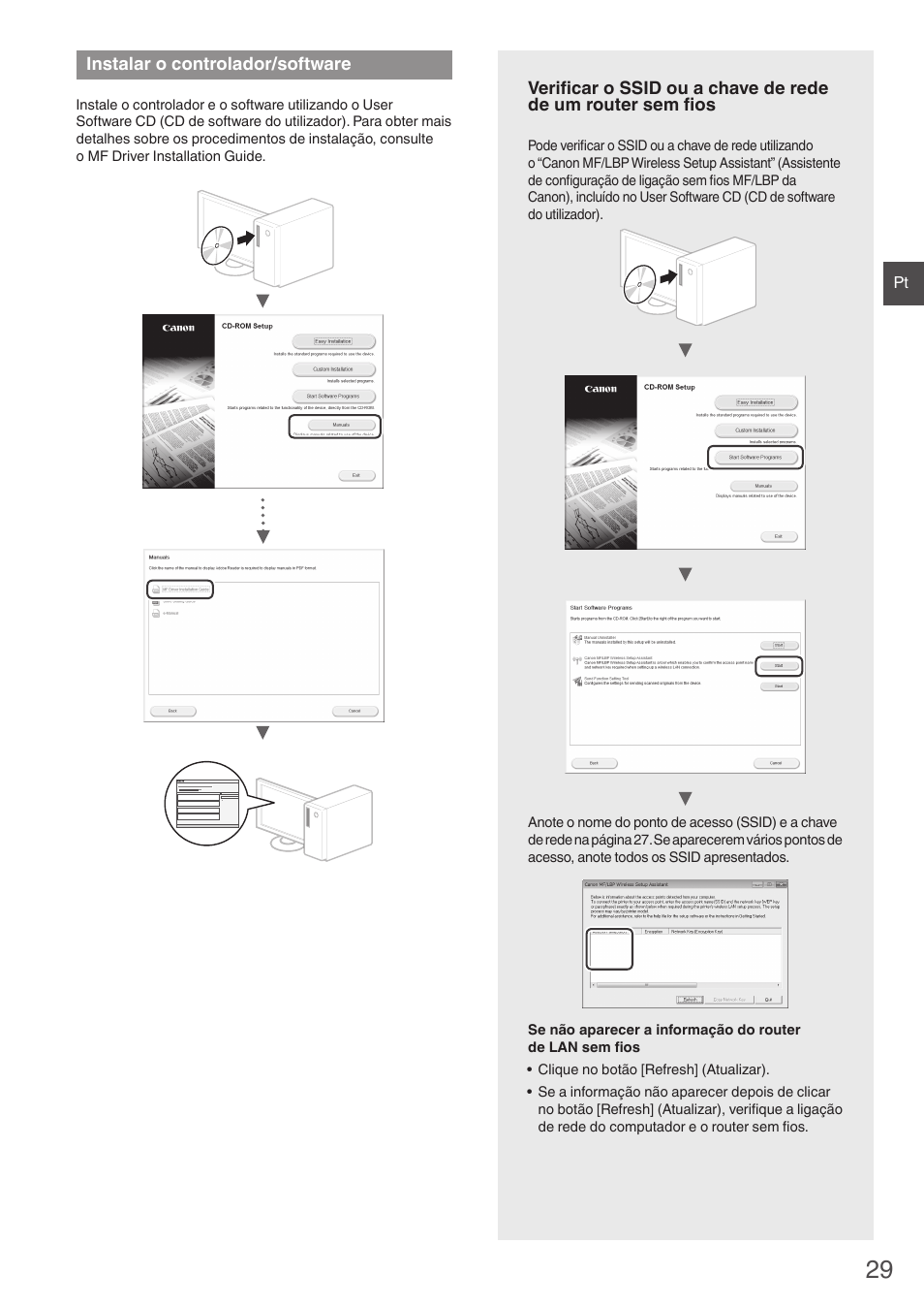 Instalar o controlador/software, Sem fios” (pág. 29) par, Anon) (“verificar o ssid ou | A chave de rede de um router sem fios, Pág. 29)) | Canon i-SENSYS MF8550Cdn User Manual | Page 29 / 120