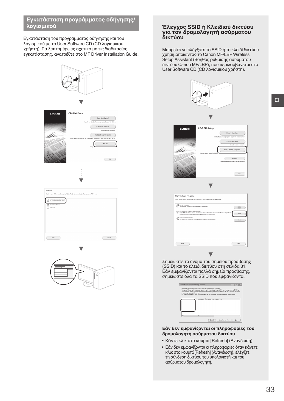 Εγκατάσταση προγράμματος, Οδήγησης/λογισμικού, Α «έλεγχος ssid ή κλειδιού | Έλεγχος ssid ή κλειδιού δικτύου για τον, Δρομολογητή ασύρματου δικτύου» (σελ. 33), Εγκατάσταση προγράμματος οδήγησης/ λογισμικού | Canon i-SENSYS MF8550Cdn User Manual | Page 33 / 120