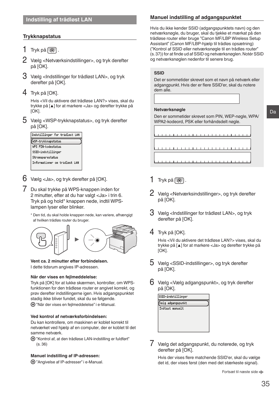 Indstilling af trådløst lan | Canon i-SENSYS MF8550Cdn User Manual | Page 35 / 120