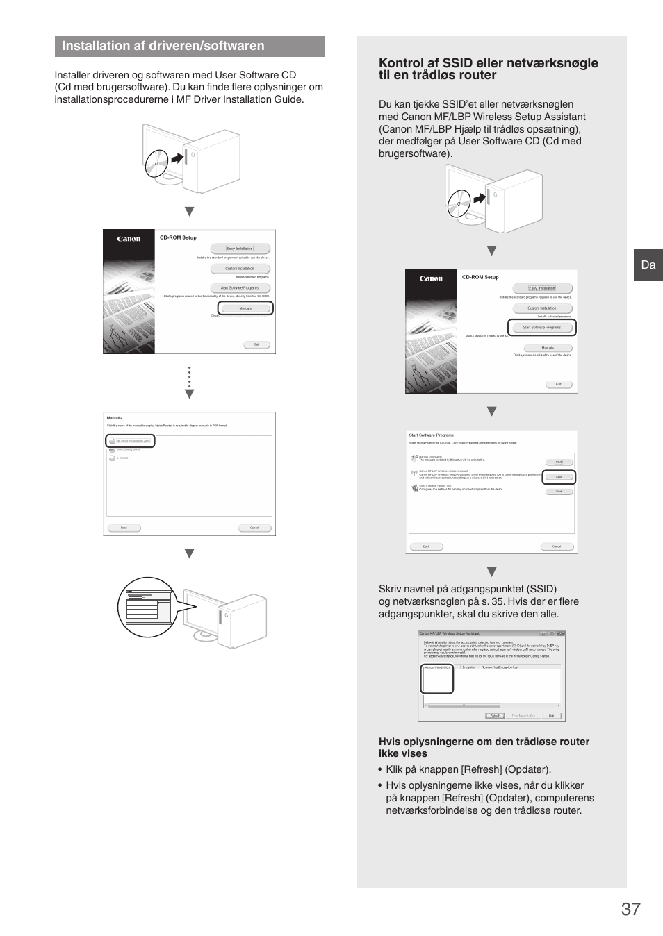 Installation af driveren/softwaren, Router” (s. 37) f, S. 37)) | Canon i-SENSYS MF8550Cdn User Manual | Page 37 / 120