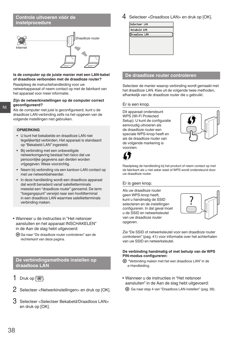 Controle uitvoeren vóór de, Instelprocedure de verbindingsmethode instellen, Op draadloos lan de draadloze router controleren | Canon i-SENSYS MF8550Cdn User Manual | Page 38 / 120