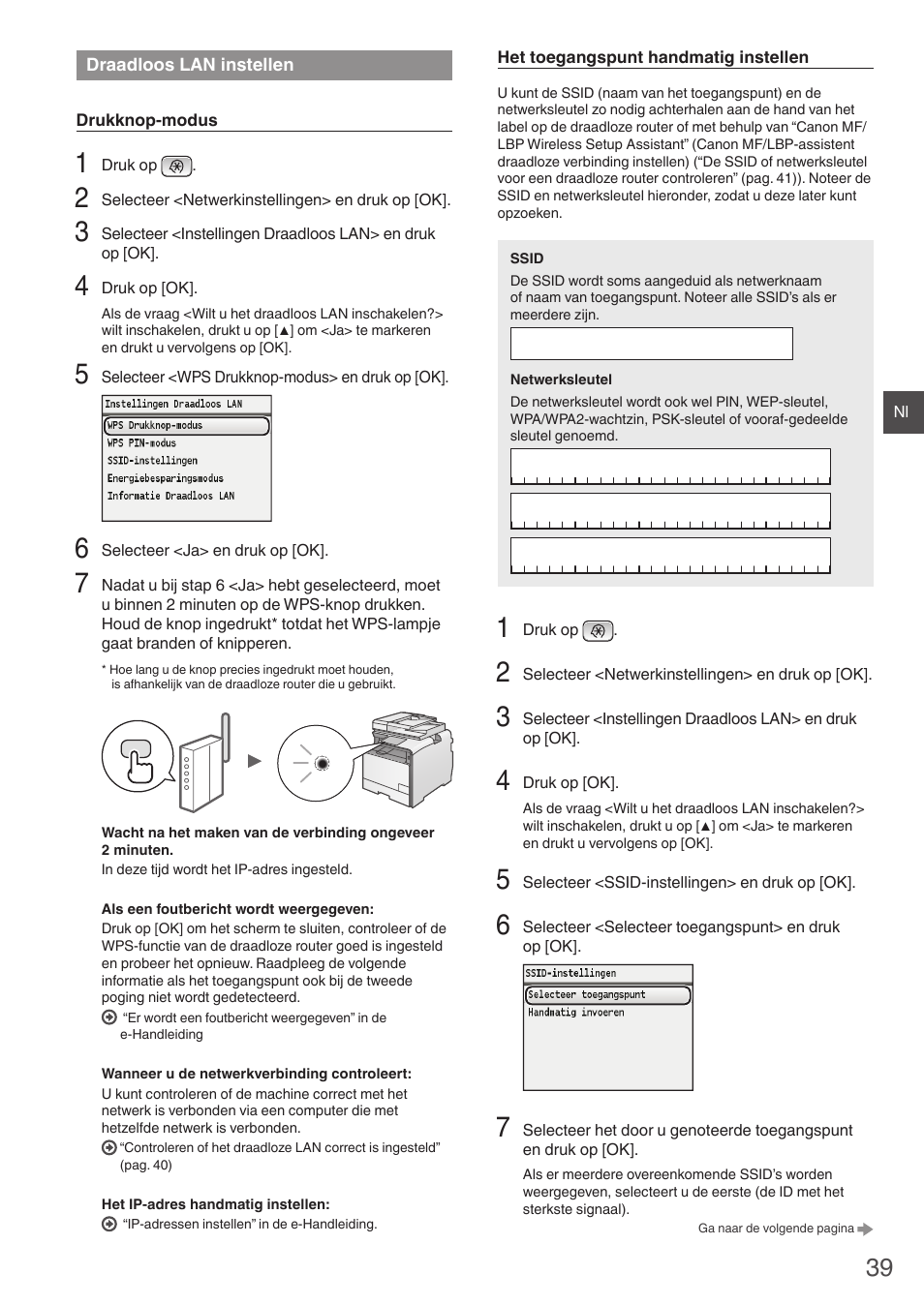 Draadloos lan instellen, Draadloos lan instellen” (pag. 39) | Canon i-SENSYS MF8550Cdn User Manual | Page 39 / 120