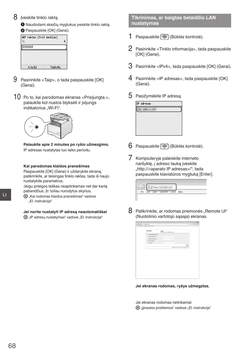 Tikrinimas, ar baigtas, Belaidžio lan nustatymas | Canon i-SENSYS MF8550Cdn User Manual | Page 68 / 120