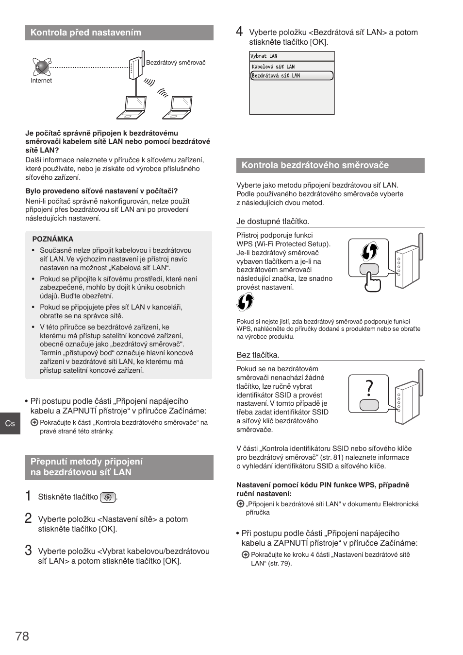 Kontrola před nastavením přepnutí metody připojení, Na bezdrátovou síť lan kontrola bezdrátového, Směrovače | Canon i-SENSYS MF8550Cdn User Manual | Page 78 / 120