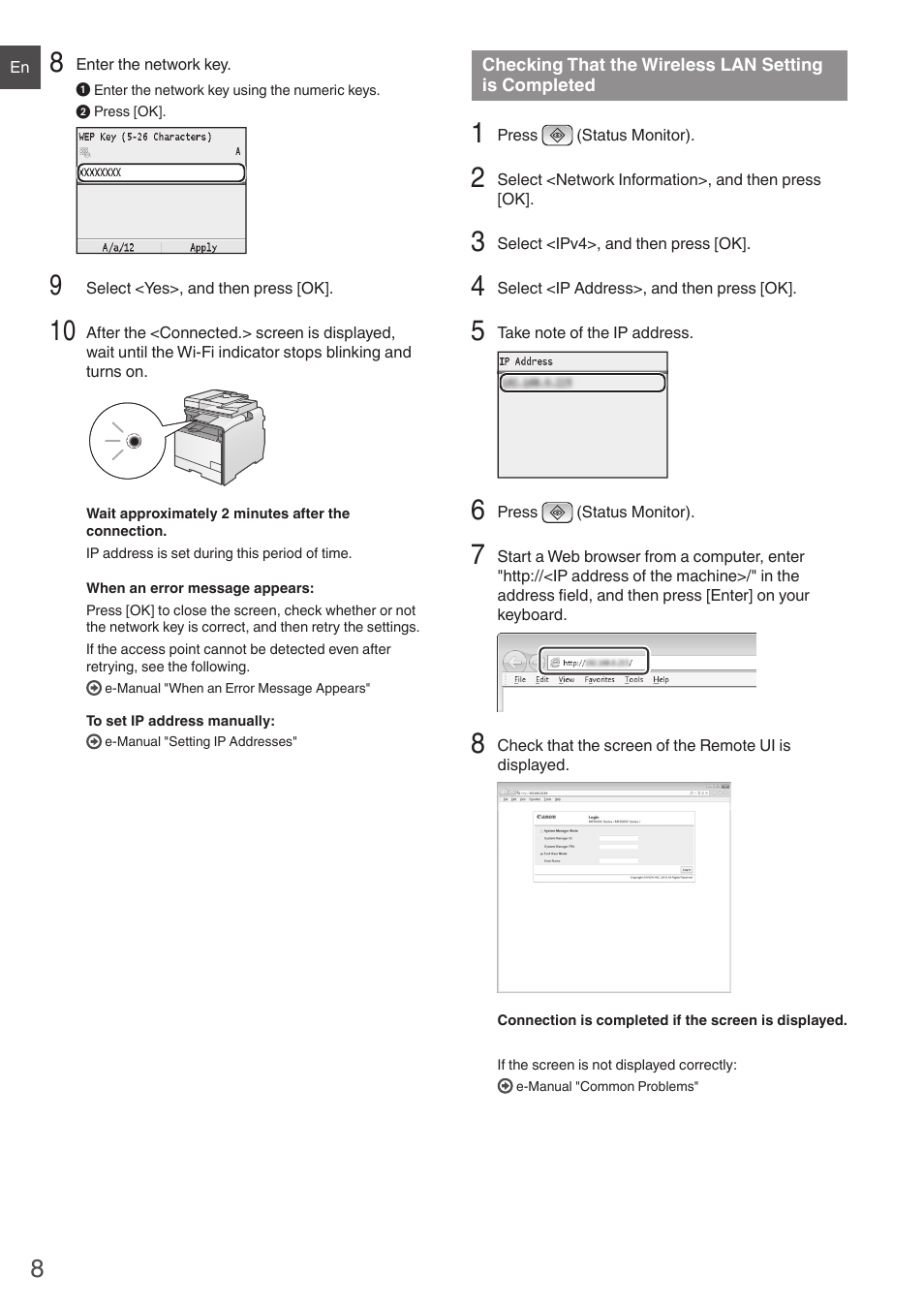 Checking that the wireless lan, Setting is completed, P.8) | Canon i-SENSYS MF8550Cdn User Manual | Page 8 / 120