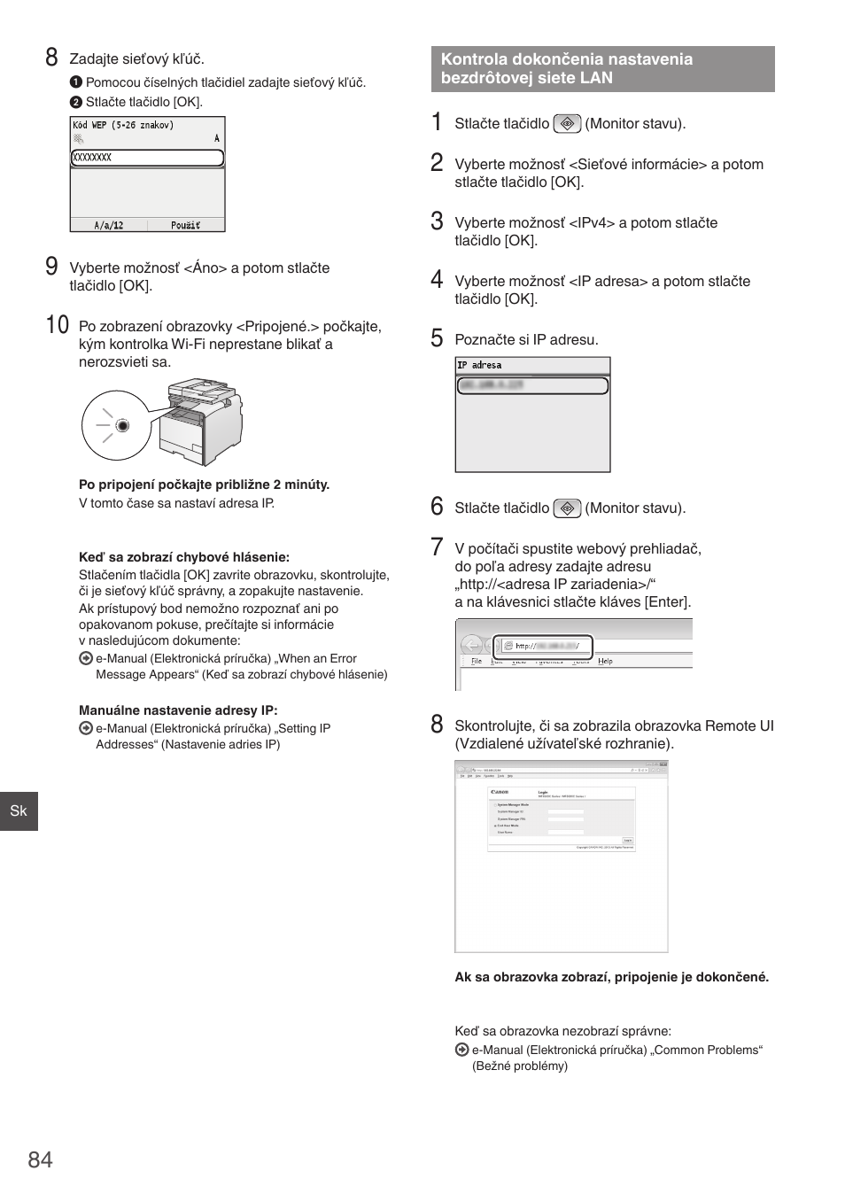 Kontrola dokončenia nastavenia, Bezdrôtovej siete lan | Canon i-SENSYS MF8550Cdn User Manual | Page 84 / 120