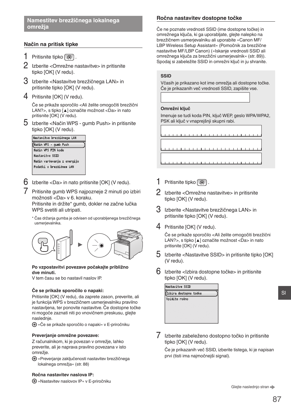 Namestitev brezžičnega, Lokalnega omrežja, A »namestitev brezžičnega | Canon i-SENSYS MF8550Cdn User Manual | Page 87 / 120