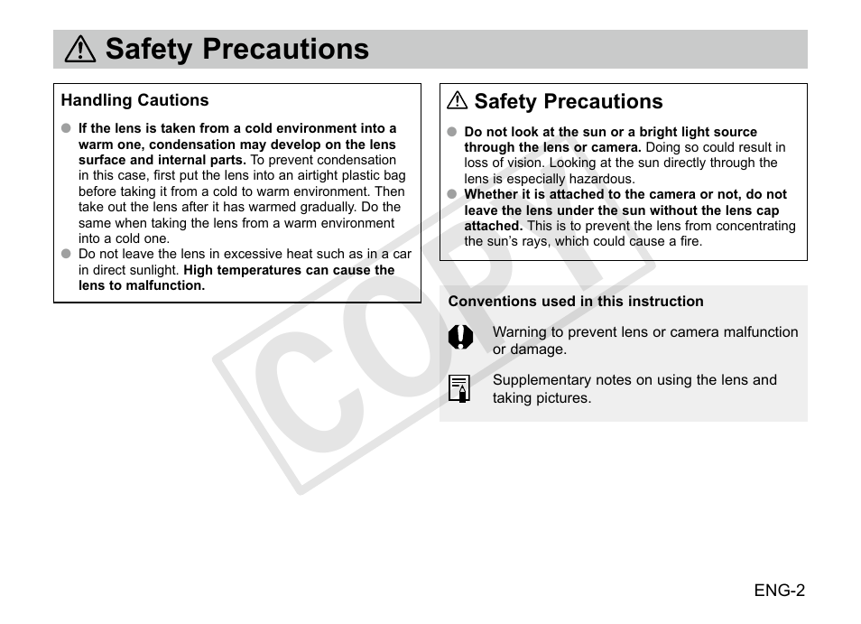 Cop y, Safety precautions | Canon EF 24-70mm f2.8L II USM User Manual | Page 3 / 13