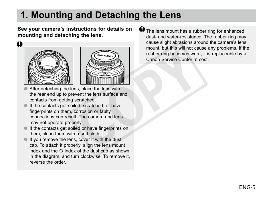 Cop y, Mounting and detaching the lens | Canon EF 24-70mm f2.8L II USM User Manual | Page 6 / 13