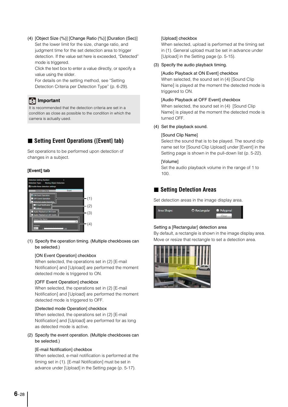 Ion] (p. 6-28), Ur (p. 6-28), B p. 6-28 | Setting event operations ([event] tab), Setting detection areas | Canon VB-M600VE User Manual | Page 106 / 159