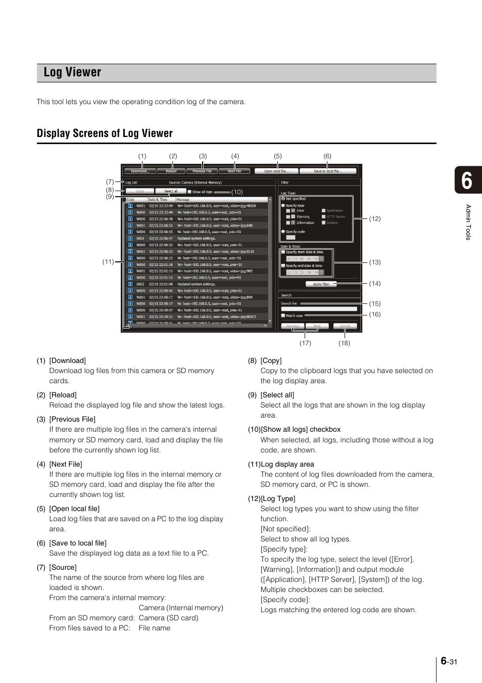 Log viewer, Display screens of log viewer, Log viewer -31 | Display screens of log viewer -31 | Canon VB-M600VE User Manual | Page 109 / 159