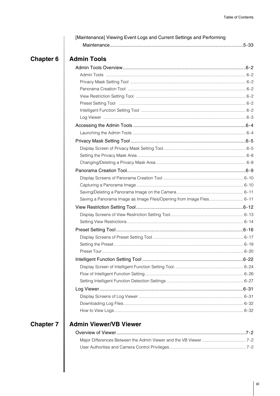 Chapter 6 admin tools, Chapter 7 admin viewer/vb viewer | Canon VB-M600VE User Manual | Page 11 / 159