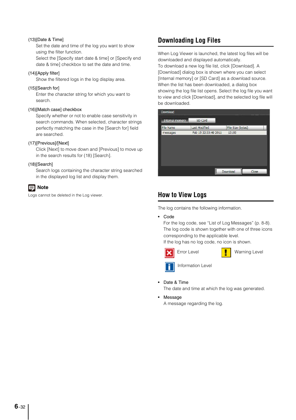 Downloading log files, How to view logs, Downloading log files -32 | How to view logs -32 | Canon VB-M600VE User Manual | Page 110 / 159