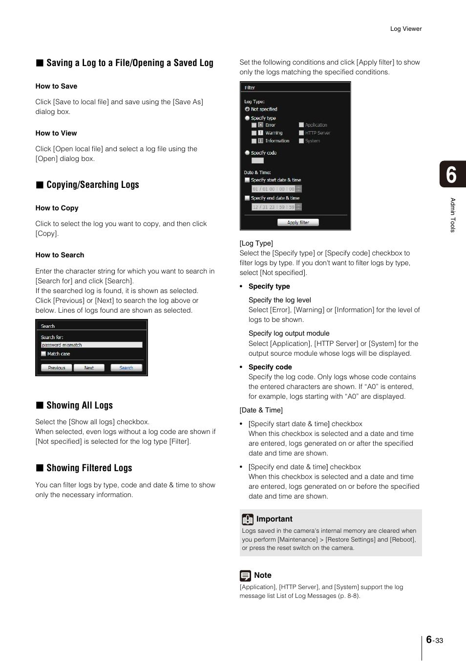 Saving a log to a file/opening a saved log, Copying/searching logs, Showing all logs | Showing filtered logs | Canon VB-M600VE User Manual | Page 111 / 159