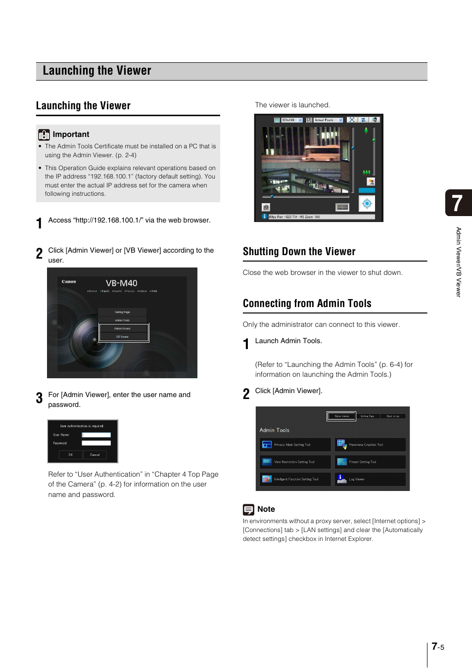 Launching the viewer, Shutting down the viewer, Connecting from admin tools | Launching the viewer -5, Shutting down the viewer -5, Connecting from admin tools -5 | Canon VB-M600VE User Manual | Page 117 / 159