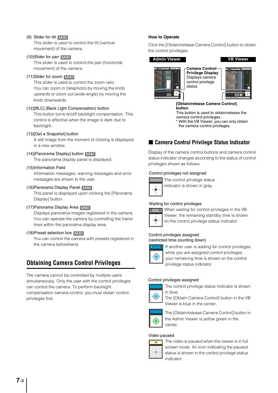 Obtaining camera control privileges, Obtaining camera control privileges -8, Obtaining camera | Control privileges” (p. 7-8). if, Control privileges” (p. 7-8), Camera control privilege status indicator | Canon VB-M600VE User Manual | Page 120 / 159