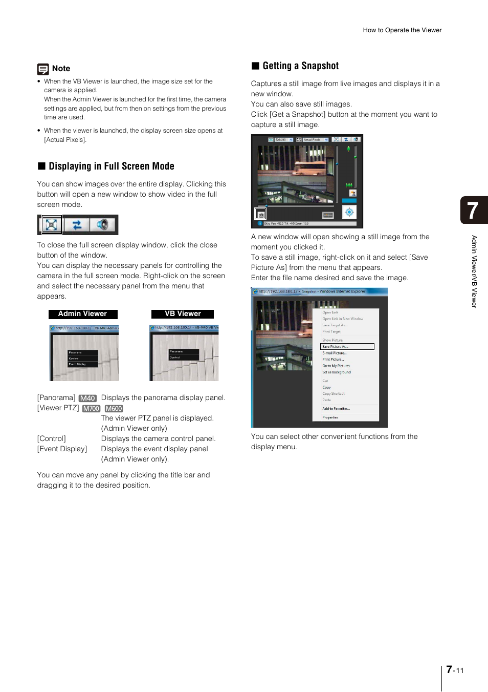 Displaying in full screen mode, Getting a snapshot | Canon VB-M600VE User Manual | Page 123 / 159