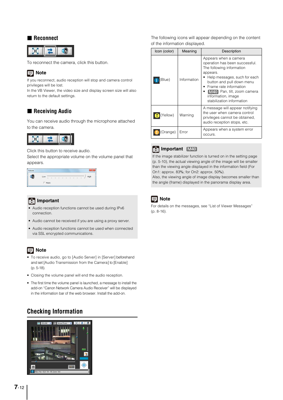 Checking information, Checking information -12, On p. 7-12 f | Reconnect, Receiving audio | Canon VB-M600VE User Manual | Page 124 / 159