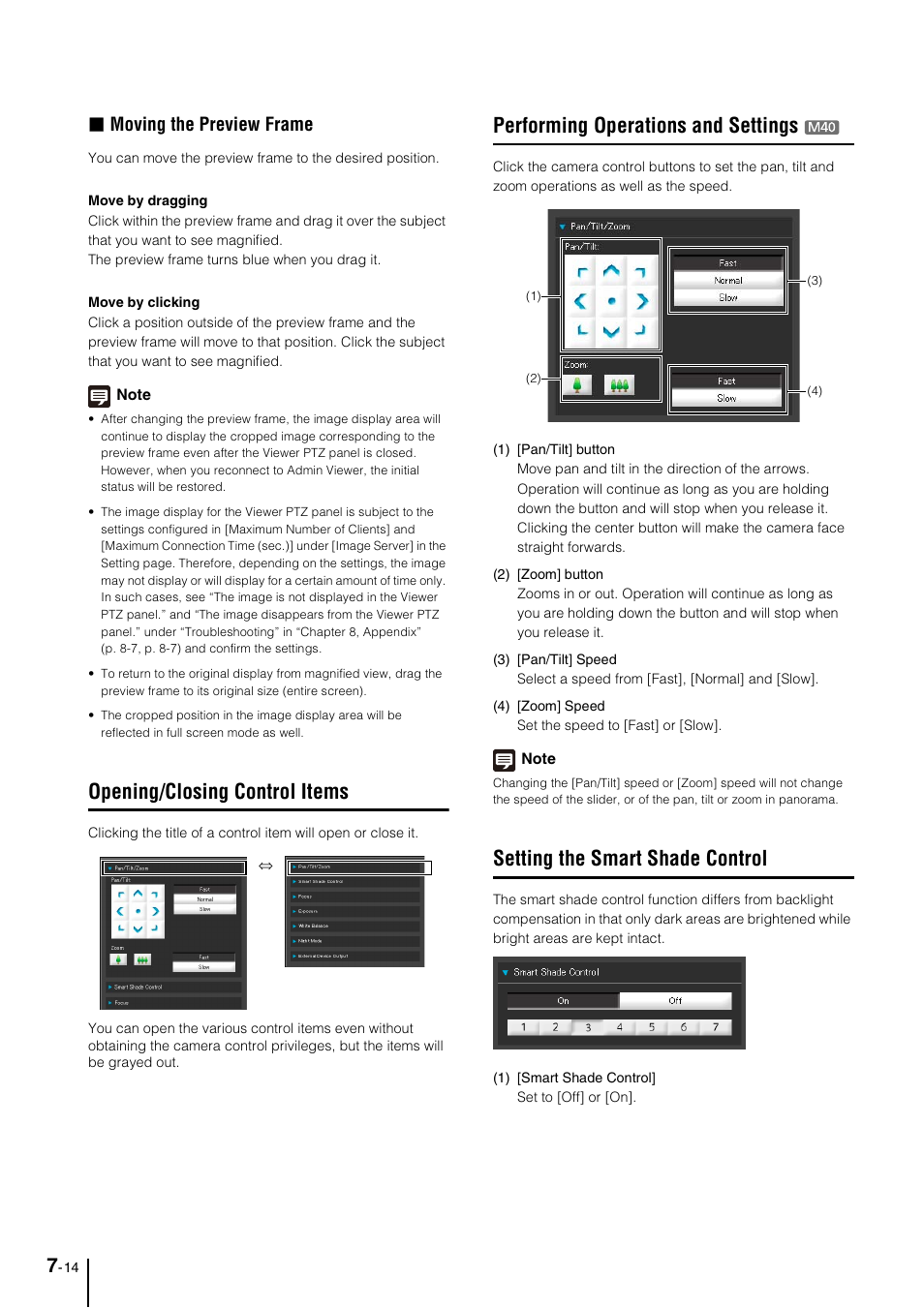 Opening/closing control items, Performing operations and settings, Setting the smart shade control | Opening/closing control items -14, Performing operations and settings -14, Setting the smart shade control -14, E “setting the smart shade control, P. 7-14, Ee “setting the smart shade control, P. 7-14) | Canon VB-M600VE User Manual | Page 126 / 159