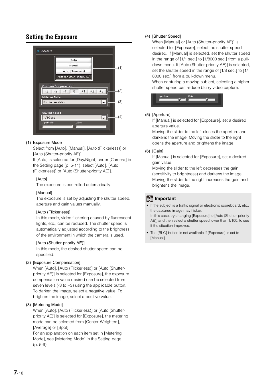 Setting the exposure, Setting the exposure -16, P. 7-16) | Canon VB-M600VE User Manual | Page 128 / 159