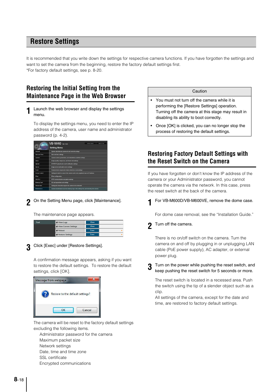 Restore settings, Restore settings -18, P. 8-18) | Canon VB-M600VE User Manual | Page 148 / 159