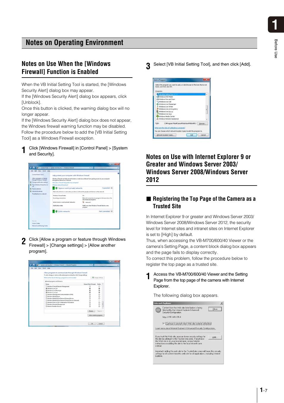 Notes on operating environment, Notes on operating environment -7, Windows server 2008/windows server 2012 -7 | Canon VB-M600VE User Manual | Page 19 / 159