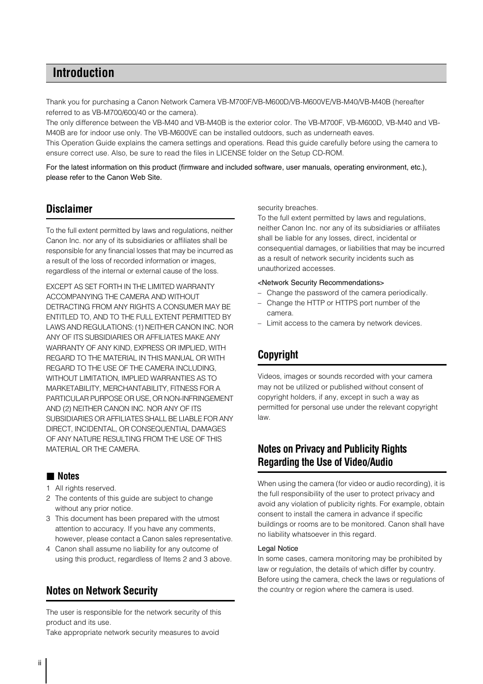 Introduction, Disclaimer, Notes on network security | Copyright | Canon VB-M600VE User Manual | Page 2 / 159