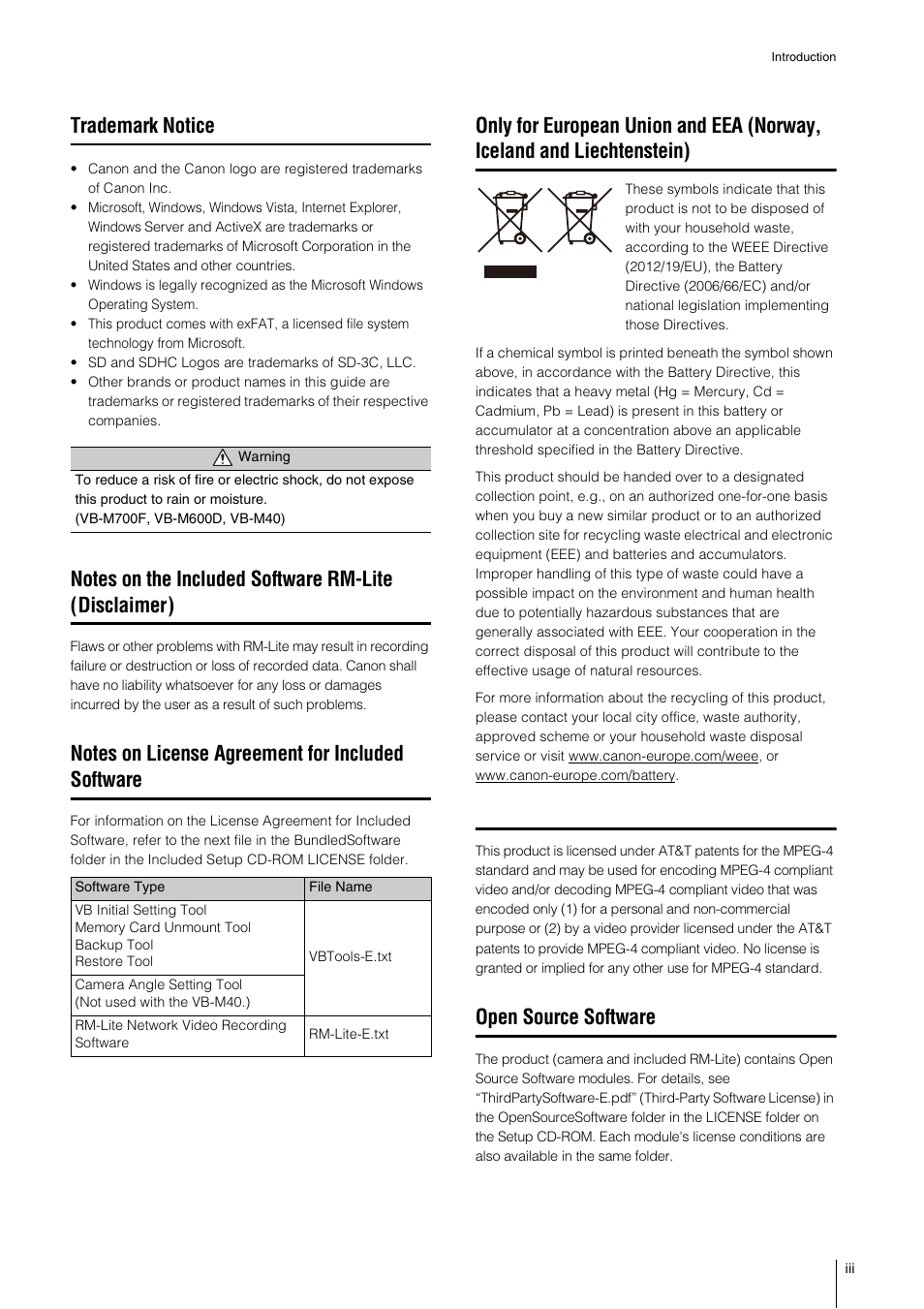 Trademark notice, Notes on license agreement for included software, Open source software | Canon VB-M600VE User Manual | Page 3 / 159