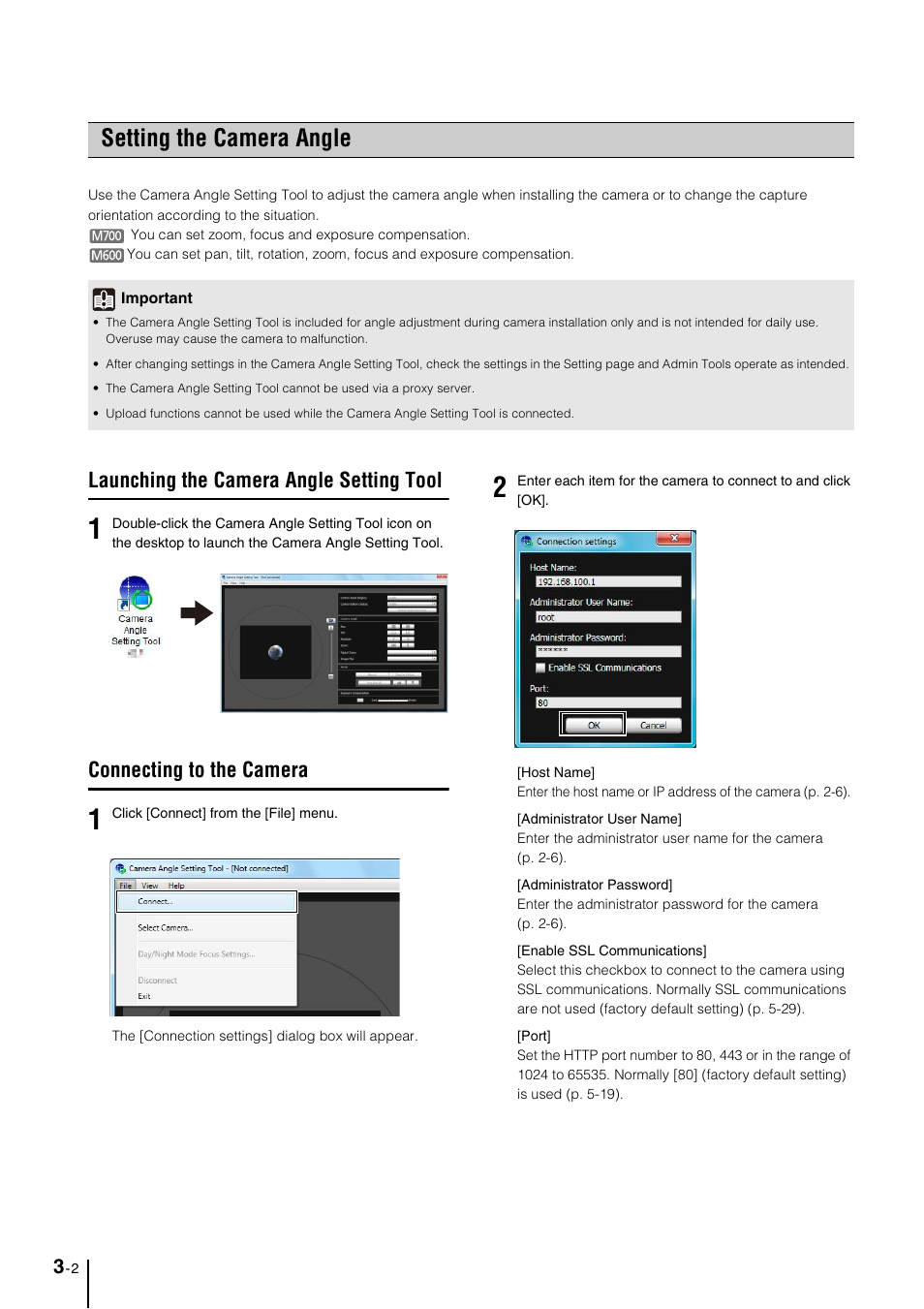 Setting the camera angle, Launching the camera angle setting tool, Connecting to the camera | Setting the camera angle -2, Launching the camera angle setting tool -2, Connecting to the camera -2 | Canon VB-M600VE User Manual | Page 32 / 159