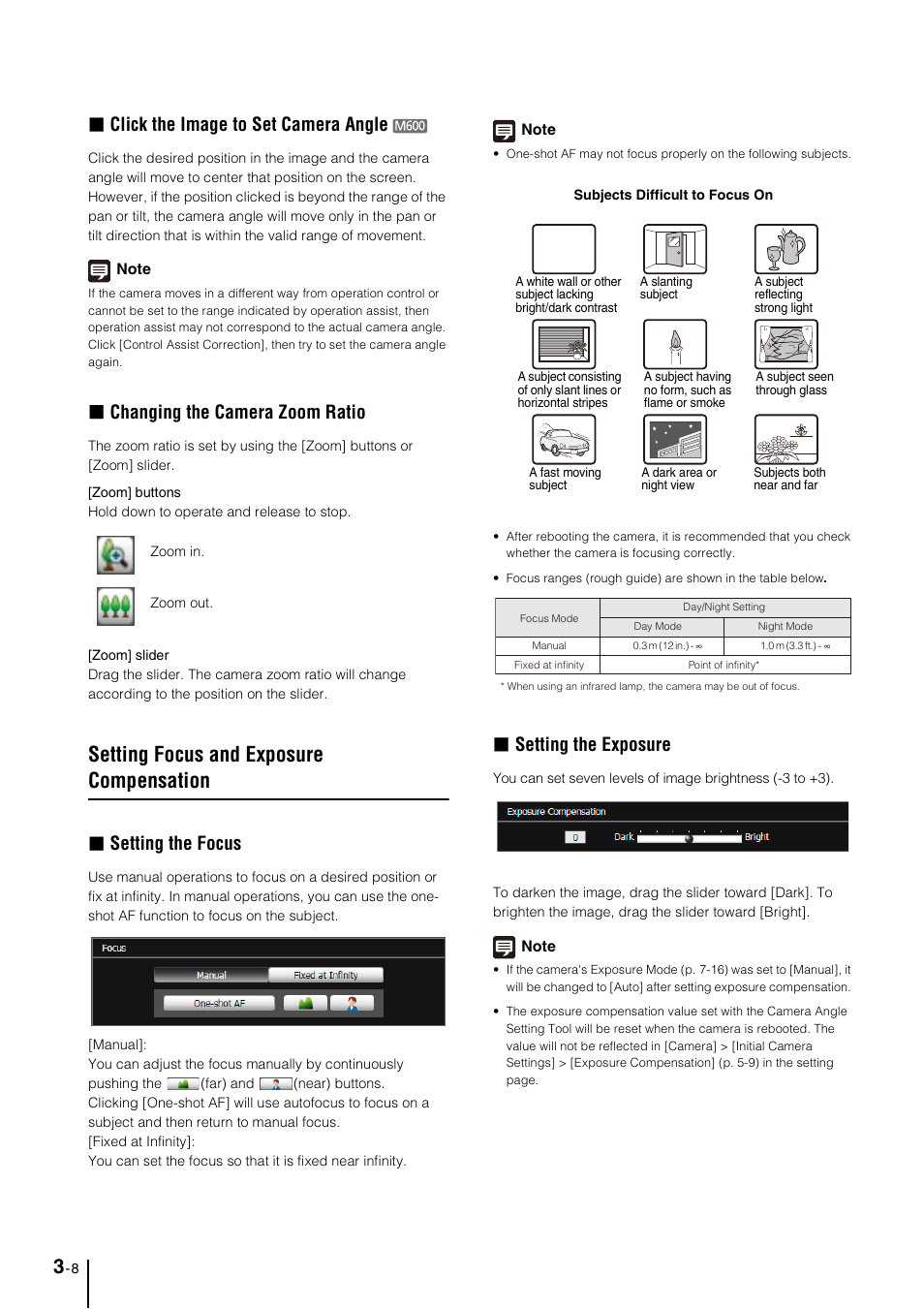 Setting focus and exposure compensation, Setting focus and exposure compensation -8, Click the image to set camera angle | Changing the camera zoom ratio, Setting the focus, Setting the exposure | Canon VB-M600VE User Manual | Page 38 / 159